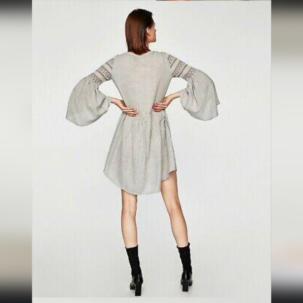 Zara Bell-sleeve embroidered mini- dress Boho Embellished